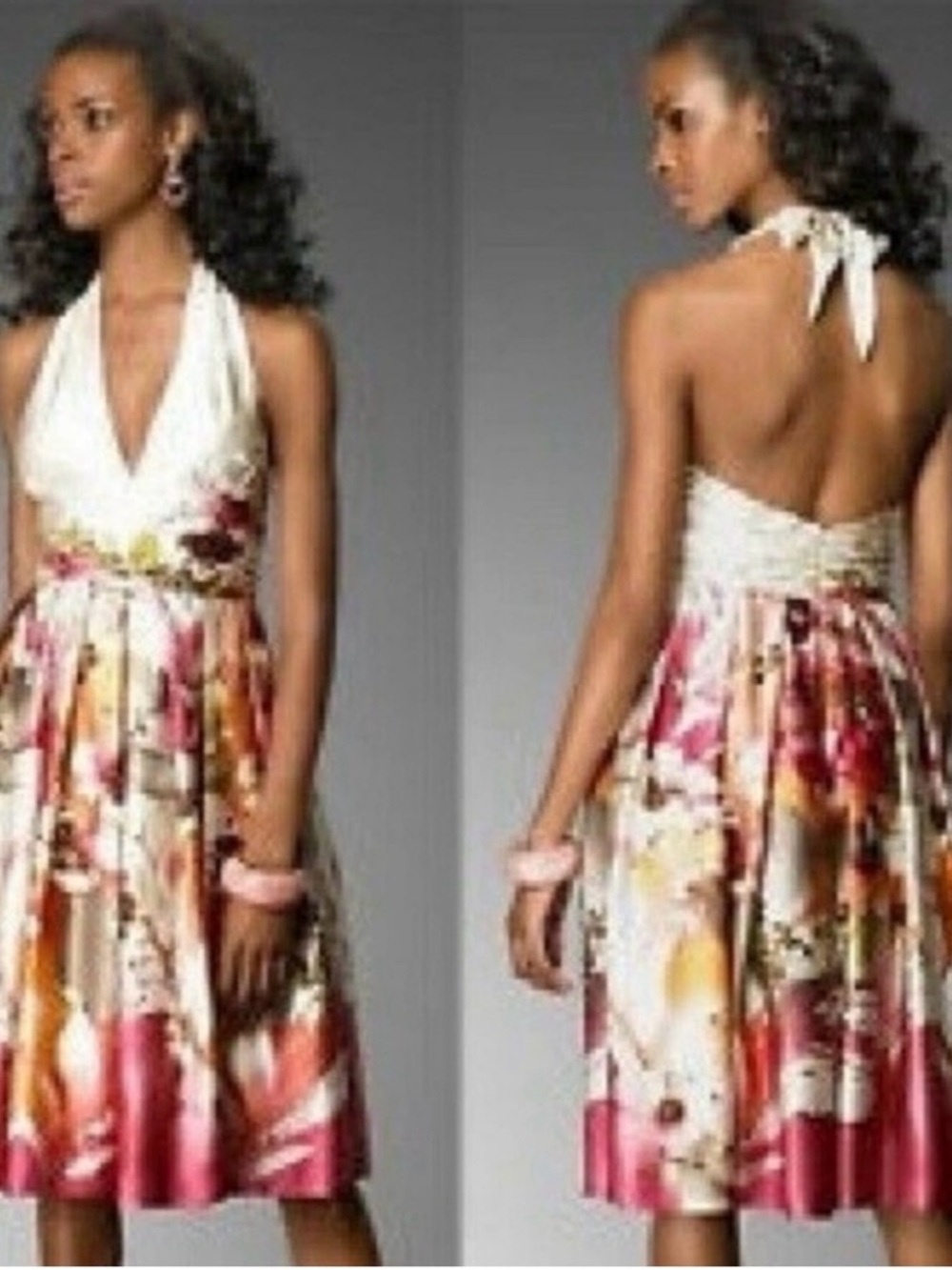 Adrianna Papell White Halter Floral Sundress with Pink and Gold Accents